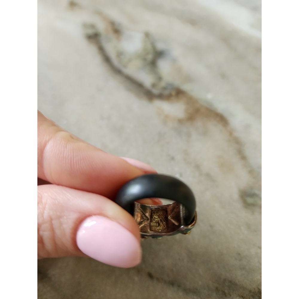 Y2K Turquoise Swirl Statement Ring Silver Tone Rhinestone Rubber‎ Band Size 6.5 - Picture 3 of 5